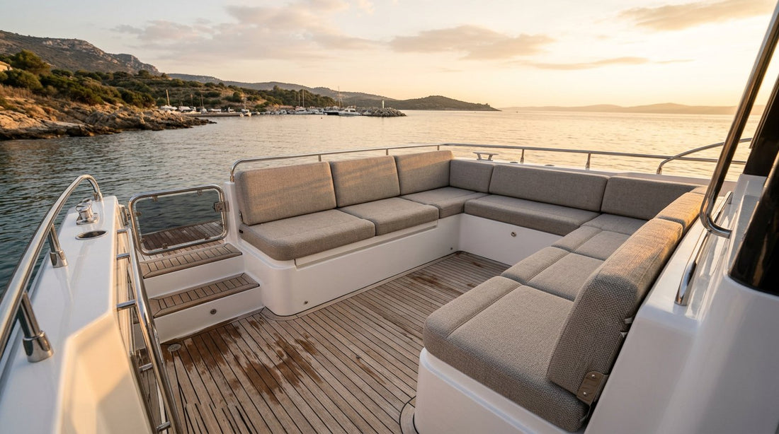A clean, high-end magazine-quality photograph showing an empty boat deck under warm golden-hour side-lighting