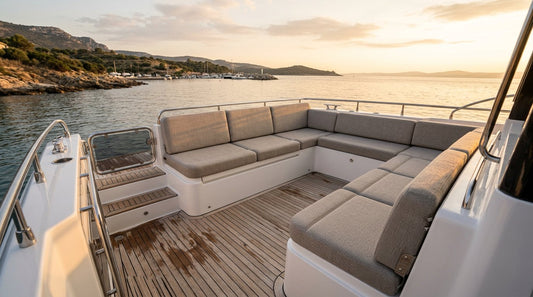 A clean, high-end magazine-quality photograph showing an empty boat deck under warm golden-hour side-lighting