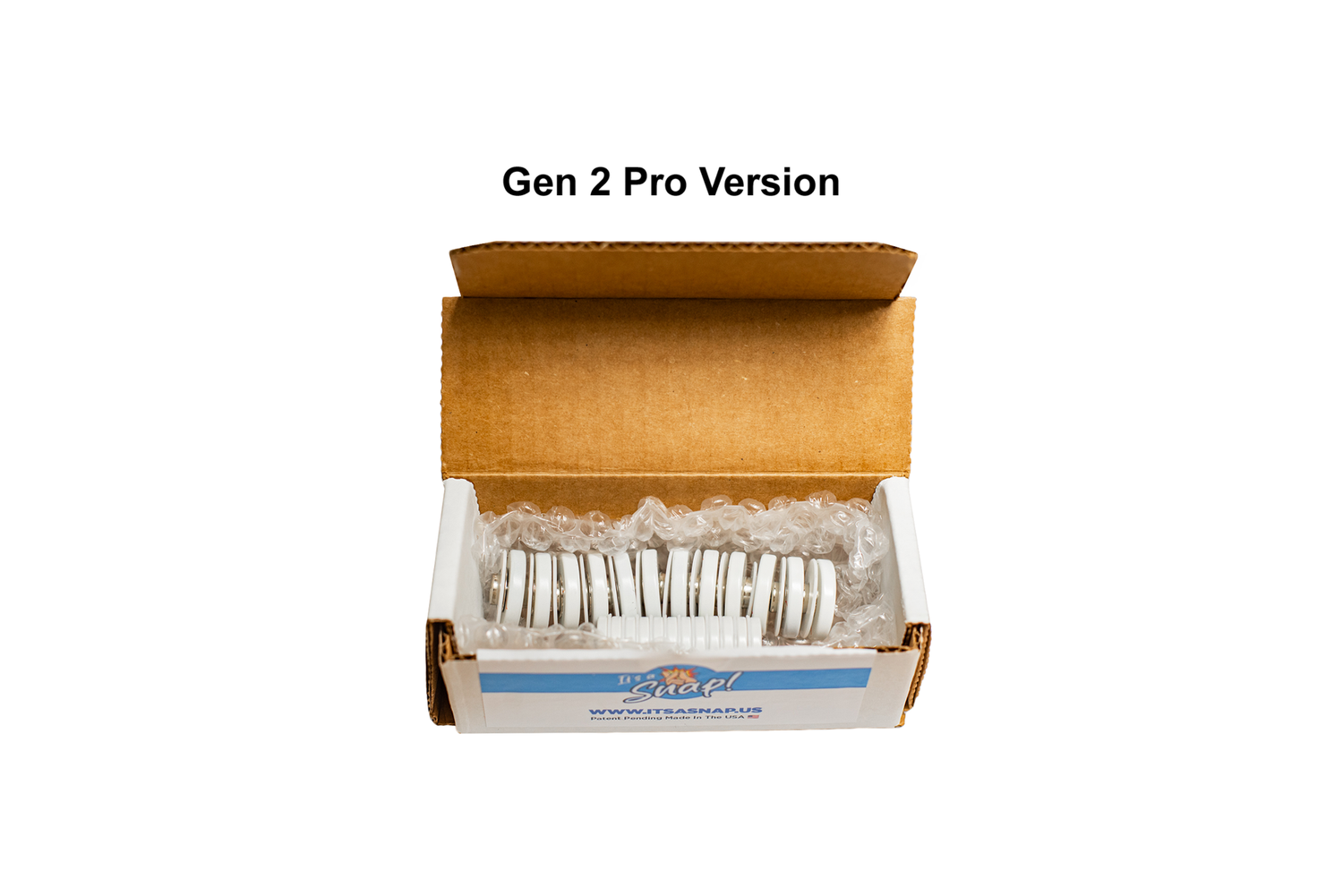 Box of 'Gen 2 Pro Version' with silver cylindrical objects inside on a white background