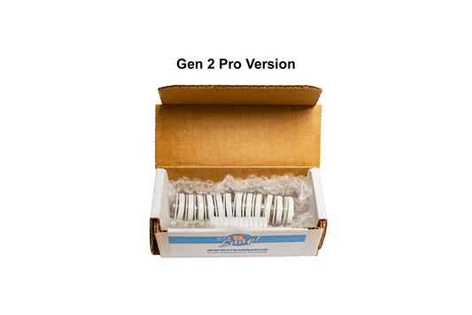 Box of 'Gen 2 Pro Version' with silver cylindrical objects inside on a white background